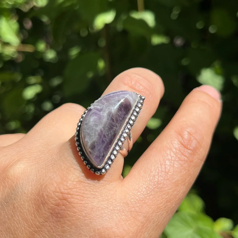 Size 6.75 925 silver plated half‎ moon amethyst ring